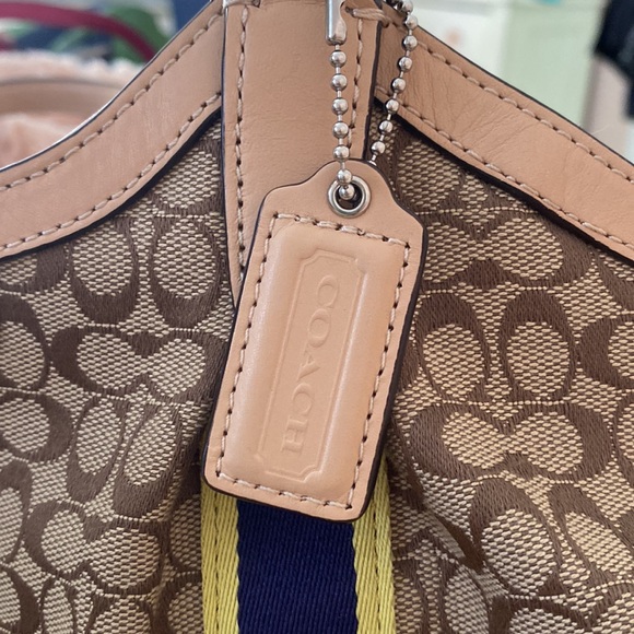 Coach purse. Signature Devin. Brown with blue and yellow stripe. - Picture 7 of 8